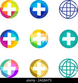 Set aus bunten Vektor kreuze Logo. Runde medizinische Symbole. Religiöse Zeichen. Arztpraxis Embleme. Krankenwagen Etiketten. Erste-Hilfe-Symbole. Plus Tasten Stock Vektor