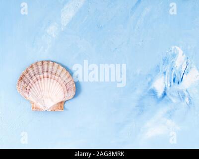 Einzige große Muschel auf blauem Stein Jakobsmuschel, kopieren. Minimalistischer Sommer Konzept der Urlaub am Meer Stockfoto