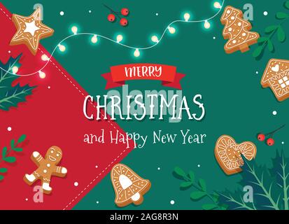 Frohe Weihnachten Karte Vorlage mit Lebkuchen Cookies. Cute Vector Illustration im flachen Stil Stock Vektor