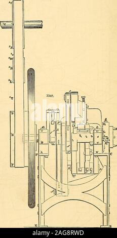 . Appleton's Dictionary von Maschinen, Mechanik, Motor und Engineering. 648 SPIKE MASCHINE. / Die stirbt in der üblichen Weise, und sobald die Würfel sind auf das Stück zu enthauptet geschlossen, die Biegung letfer G hat seine äußeren Ende h angehoben durch die cam H auf der Welle E, welche Ursachen itsend auf dem Überstand der Spike zu steigen - Stab, und biegen Sie in die Art und Weise gezeigt. I ist die Position, der trägt die Überschrift - sterben J, und sobald die cam H entweicht aus dem outerend des benditif Hebel h, und dass Ende absteigt, die cam-K in Kontakt mit dem Ende l t wird gespeist werden Stockfoto