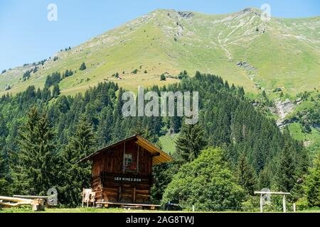 Schönes Holz-Chalet in Les Mines D'Or in der Nähe von Morzine mit Kiefernwald und Bergen in den französischen Alpen Portes du Soleil Frankreich Stockfoto