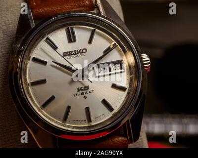 Nahaufnahme der watch-Gesicht eines alten Königs Seiko Automatic watch aus den 70ern mit Kopie Raum Stockfoto