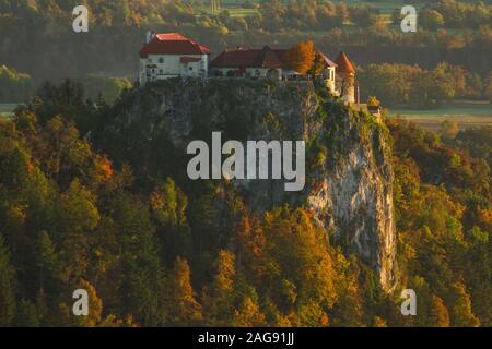 Historisches Schloss auf einem Hügel umgeben von wunderschönen Bäumen in Bled, Slowenien Stockfoto