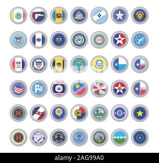 Satz von Vector Icons. Flaggen der USA Städte. 3D-Darstellung. Stock Vektor