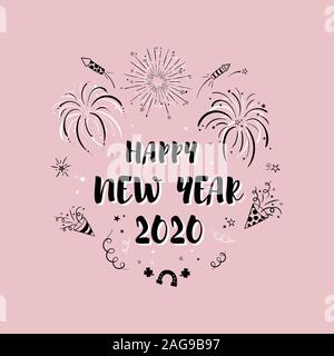 Spaß Hand gezeichnet Neue Jahre Typ mit Feuerwerk Doodles, Streamer, Sterne doodles - ideal für Einladungen, Karten Stockfoto