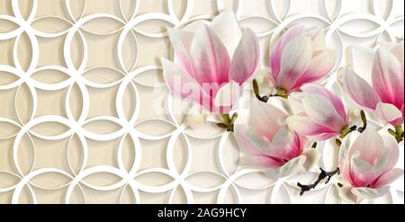 3d Wallpaper, Magnolia auf Ringe Hintergrund. Feier im 3D-Hintergrund. Blume Thema - das ist ein Trend in design interieur. Stockfoto