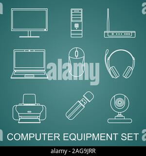 Digital Computer Equipment. Unterschiedliche Silhouetten der digitalen Geräte und Werkzeuge linear Vector Icons auf grünem Hintergrund isoliert. Vektor Stock Vektor