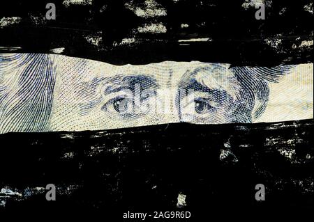 Nahaufnahme des Andrew Jackson, Gesicht auf dem Dollarschein mit Linien übermalt Stockfoto