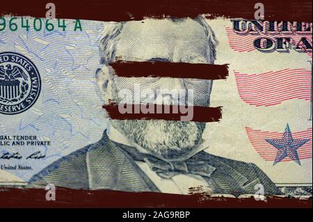Nahaufnahme der Ulysses s. Grant-Seite auf dem Dollarschein mit überstrichen Linien Stockfoto