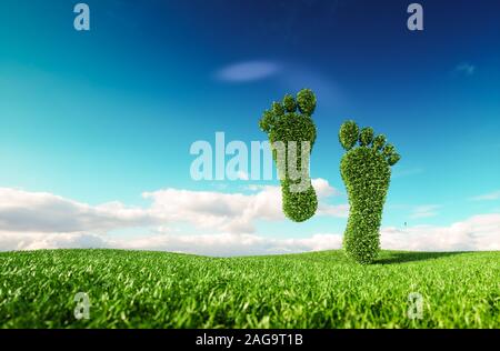 Nachhaltige umweltfreundliche lifestile Konzept. 3D-Rendering eines Fußabdrucks Symbol auf frische Frühlingswiese mit blauen Himmel im Hintergrund. Stockfoto