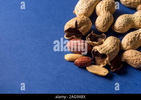 Ein Haufen von gerösteten Erdnüssen auf eine trendige blauer Hintergrund mit Platz für Design und Ihren Text. Konzept. Landwirtschaft Stockfoto