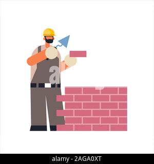 Männliche Builder mit Spachtel workman Festlegung Mauer Bauarbeiter in Uniform Maurer Gebäudekonzept Flachbild voller Länge Vektor illustration Stock Vektor