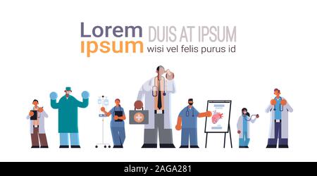 Ärzte in Uniform verschiedene Klinik Krankenhaus Arbeiter gemeinsam Medizin Gesundheitswesen Konzept voller Länge waagrechten kopieren Raumzeiger Abbildung Stock Vektor