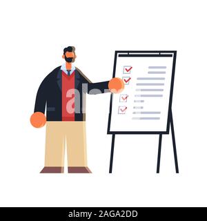 Unternehmer arbeiten mit Checkliste business Mann nahe Flipchart stehen mit Fragebogen Fragebogen test Konzept männliche Büroangestellter in formalen Verschleiß flach in voller Länge Vektor illustration Stock Vektor