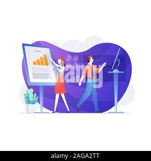 Business Analysten Arbeiten auf großen Bildschirmen mit Grafiken Daten. Business und Daten analysieren. Hell leuchtenden Violett isolierte Vector Illustration Stock Vektor