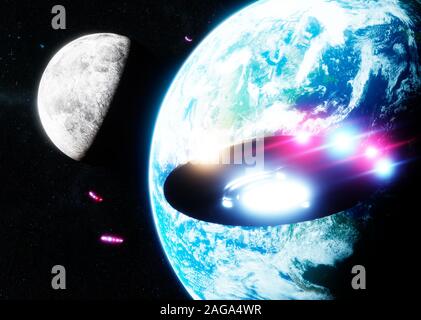 Ufo fliegen über die Erde und den Mond. 3D-Rendering. Elemente dieses Bild von der NASA eingerichtet. Stockfoto