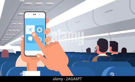 Die menschliche Hand mit Flug Modus Regeln der Flugzeug Sicherheitskonzept modernes Flugzeug mit Passagieren horizontalen flachen Vektor-illustration smartphone Stock Vektor