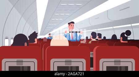 Steward erklären, für Passagiere wie des Sicherheitsgurtes in Notsituationen männliche Flugbegleiter in Uniform safety Demonstration Konzept moderne Flugzeug board Innere horizontale Vektor Illustration zu verwenden Stock Vektor