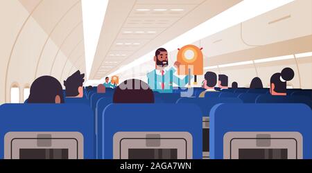 Steward erklären, Passagiere, wie Jacke Schwimmweste in Notsituationen african american Flight Attendants Sicherheit demonstration Konzept moderne Flugzeug der inneren horizontalen flachen Vector Illustration verwenden Stock Vektor