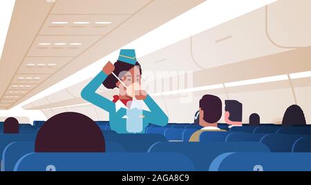 Stewardess erklären, für die Fahrgäste, wie Sauerstoff Maske im Notfall african american Flight Attendant Sicherheit demonstration Konzept moderne Flugzeug board Innere horizontale Vektor Illustration zu verwenden Stock Vektor
