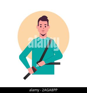 Junge Fahrer- oder Beifahrerseite Befestigung Gurt vor dem Fahren Lebensretter sichere Reise Sicherheit erste Konzept Flachbild portrait Vector Illustration Stock Vektor