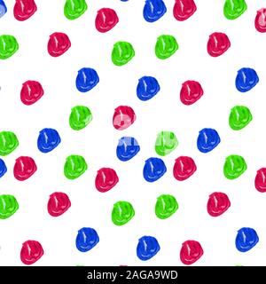 Aquarell Zeichnung runden Kugeln Muster. Nahtlose Texturen mit roten, grünen, blauen Kugeln auf weißem Hintergrund. Hand gezeichnet abstrakte baby Wallpaper. Stockfoto