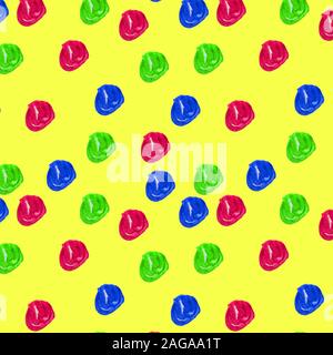 Aquarell Zeichnung runden Kugeln Muster. Nahtlose Texturen mit roten, grünen, blauen Kugeln auf einem gelben Hintergrund. Hand gezeichnet abstrakte baby Wallpaper Stockfoto