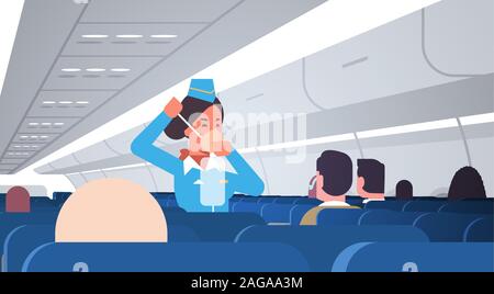 Stewardess erklären, für die Fahrgäste, wie Sauerstoff Maske im Notfall Flight Attendant Sicherheit demonstration Konzept moderne Flugzeug board Innere horizontale Vektor Illustration zu verwenden Stock Vektor