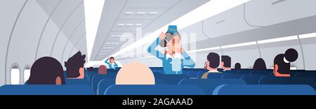 Stewardess erklären, für die Fahrgäste, wie Sauerstoff Maske im Notfall Flugbegleiter Sicherheit demonstration Konzept moderne Flugzeug board Innere horizontale Vektor Illustration zu verwenden Stock Vektor