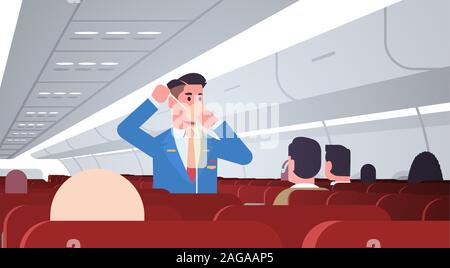 Steward erklären, für die Fahrgäste, wie Sauerstoff Maske im Notfall männliche Flugbegleiter Sicherheit demonstration Konzept moderne Flugzeug board Innere horizontale Vektor Illustration zu verwenden Stock Vektor