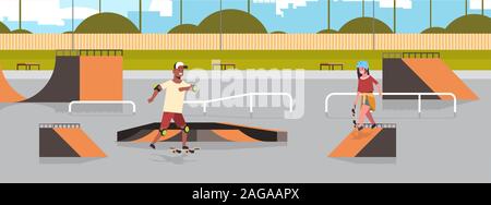 Skater, die Tricks im öffentlichen Skate Board Park mit verschiedenen Rampen für Skateboarding mix Rennen jugendliche Paar Spaß reiten Skateboards Landschaft Hintergrund Flachbild voller Länge horizontale Vektor Illustration. Stock Vektor