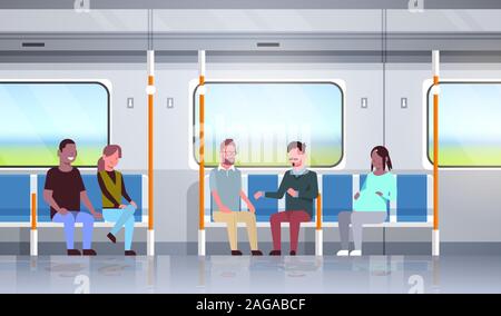 Die Menschen in der U-Bahn U-Bahn diskutieren während der Reise mix Rennen Fahrgäste in öffentlichen Verkehrsmitteln sitzen horizontalen flachen voller Länge Vektor illustration Stock Vektor
