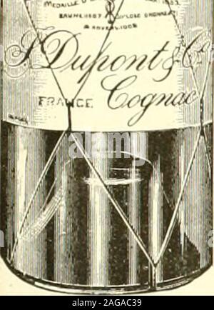 . Pacific Wein und Geist. Fein GHflND CHflMPflGNE - diese berühmten edelbrände sind die wahren Cognac und alle verfügen über hervorragende Qualitäten der Edelbrände dieser berühmten Abschnitt. Wir besitzen drei der besten Weinberge in der Cognac Bezirk, Andthis, zu unserem erweiterten Zusammenhang mit der ersten Züchter hinzugefügt der Charente, ermöglicht es uns, edelbrände der sehr bestquality produzieren. Für reife, Bukett und Geschmack, wir empfehlen Ihnen die Liebhaber der feinen Cognac. Wir ihre Bestellungen erbitten. J. DUPONT & Co., Cognac, Frankreich, Pacific Coast Agent, S. GLASER, 123 California Street, San Francisco. Stockfoto