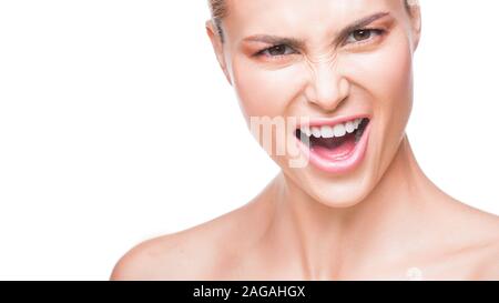 Close up Portrait von erstaunlich schöne Mode Frau sagen Ja. Auf weissem Hintergrund. Stockfoto