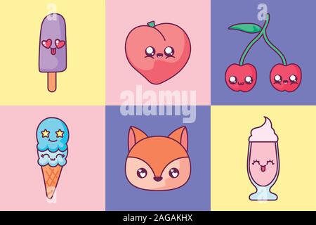 Cartoons Icon Set in Frames Design, Kawaii Ausdruck niedlichen Charakter lustig und emoticon Thema Vector Illustration Stock Vektor