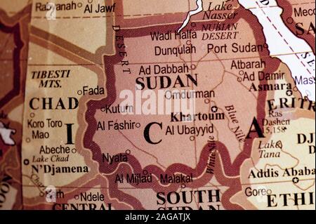 Nahaufnahme des sudanesischen Landes auf der Karte Stockfoto