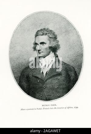 Diese illustrationdates bis 1912 und zeigt Mungo Park. Die Bildunterschrift lautet: Mungo Park Nach einem Portrait in's Park Reisen ins Innere Afrikas, 1799. Park war ein schottischer Explorer von West Afrika. Nach einer Erkundung der oberen Niger um 1796, schrieb er ein beliebter und einflussreichsten reisen Buch reist in den inneren Bezirken von Afrika, in dem er die Theorie der Niger und Kongo zusammengeführt, um die gleichen Fluss zu werden. Stockfoto