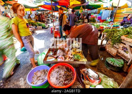 Eine lokale Frau kaufen Fisch bei Phsar Chas Market (alter Markt) in Phnom Penh, Kambodscha. Stockfoto