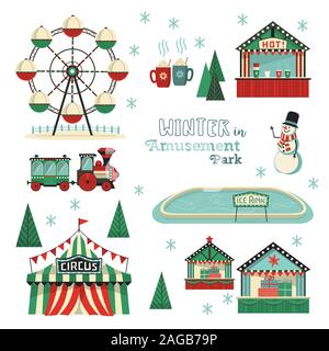 Winter amusement park flat Vektor Symbol se Stock Vektor