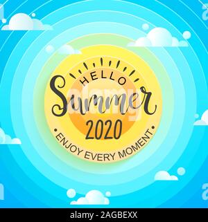 Hallo Sommer 2020. Sonne, Himmel und Wolken. Stock Vektor