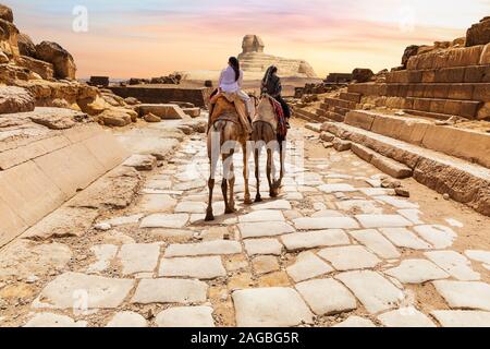 Touristen auf Kamelen im Tempel in der Nähe der Großen Sphinx von Gizeh, Ägypten Stockfoto