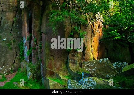 Abgebrochene gritstone Gesichter im Sonnenlicht arbeitete in Bole Hill Steinbruch in der Nähe von Grindleford, Peak District Stockfoto