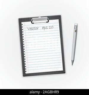 Detaillierte schwarz Klemmbrett mit Papier und Bleistift. Vector Illustration Stock Vektor