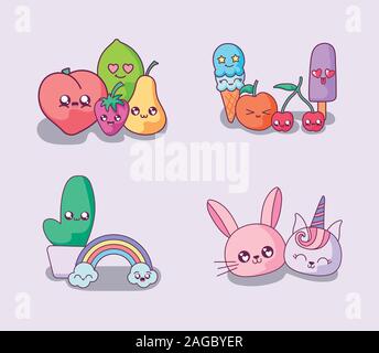 Cartoons Icon Set Design, Kawaii Ausdruck niedlichen Charakter lustig und emoticon Thema Vector Illustration Stock Vektor