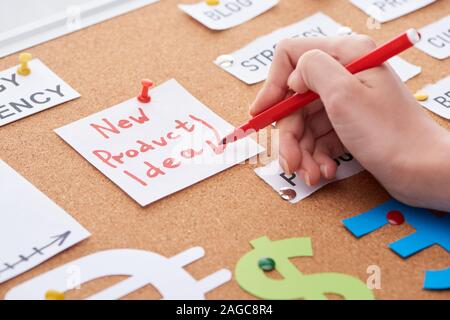 7/8-Ansicht von Frau mit rotem Filzstift in der Nähe der Karte mit neuen Produktidee Inschrift auf Cork board Stockfoto