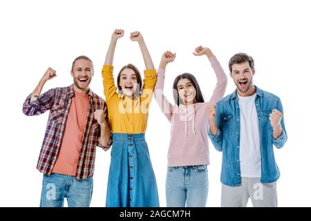 Fröhlich multikulturellen Freunde zeigen ja Geste isoliert auf weißem Stockfoto