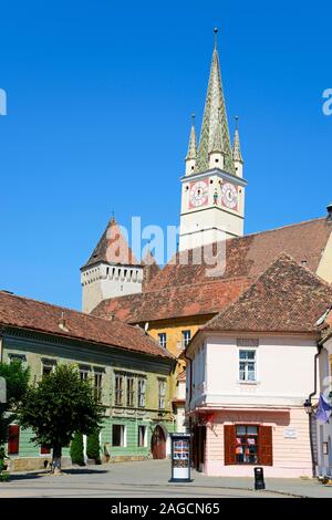 Trompeter Schiefer Turm von Margaret Kirche, Altstadt, Medias, Siebenbürgen, Rumänien Stockfoto