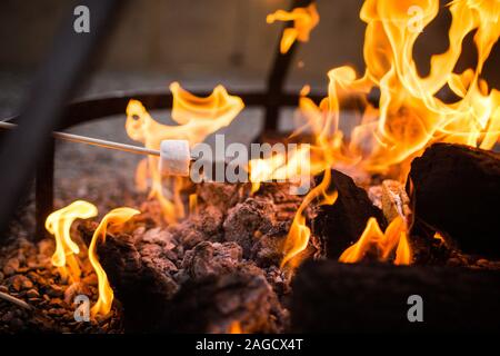 Person Braten Marshmallows in einem Lagerfeuer mit einem Spieß an Ein Lagerplatz Stockfoto