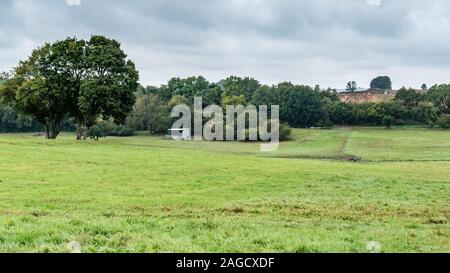 Hügelige Landschaft mit Bäumen, Tier Schuppen von Wellblech und Klippen der alte Steinbrüche, die Umgebung Das historische Stadtzentrum von Old-Breinig. Br Stockfoto