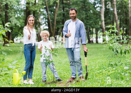 Glückliche Familie mit Daumen hoch Bei der Bepflanzung Sämlinge in Park Stockfoto